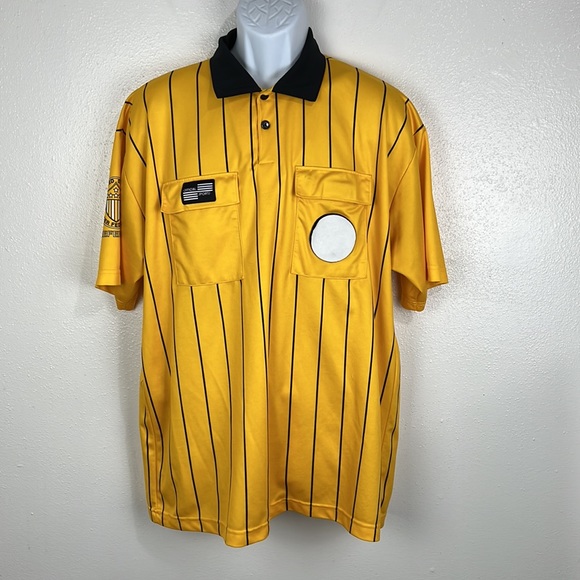 Official Sports Intl Polo Shirt Men Large Yellow Black Striped US Soccer Referee - Picture 11 of 11